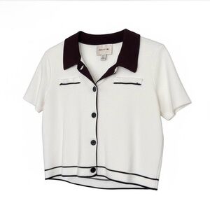 INDUSTRY Contrast Collar Knit Button-Up Top - White & Black
